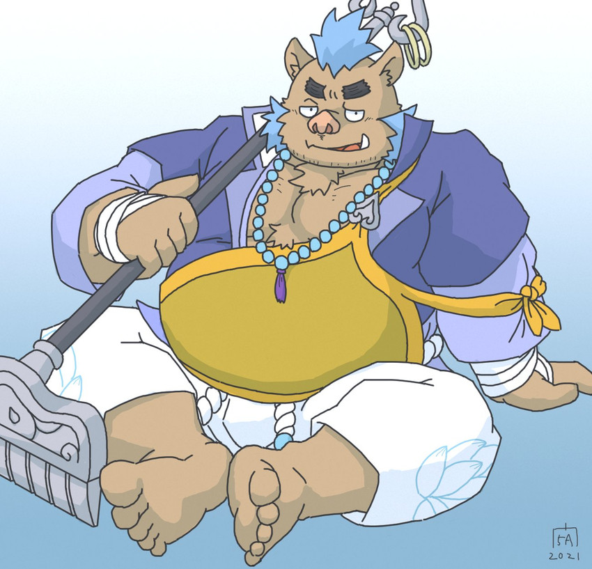 anthro blue_hair bottomwear brown_body brown_fur buddhist_priest_outfit clothing fur hair kemono male overweight overweight_anthro overweight_male pants sitting solo goyemon_k lifewonders tokyo_afterschool_summoners ganglie_(tas) mammal suid suina sus_(pig) wild_boar 2021 hi_res