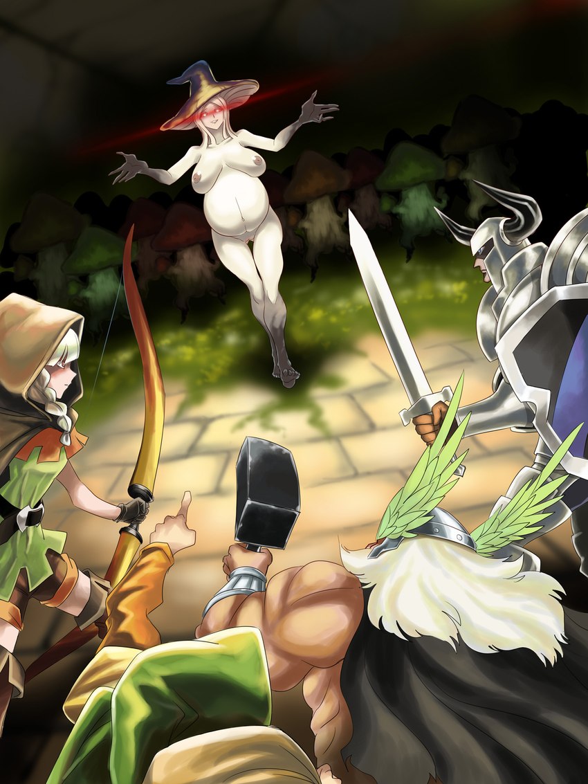 areola armor army betrayal big_breasts bloated bow_(weapon) braided_hair breasts butt cleavage clothed clothing corruption female fungus genitals gesture group hair hammer hand_gesture hand_on_breast hand_on_butt hat headgear headwear holding_bow_(weapon) holding_object holding_ranged_weapon holding_weapon long_hair magic_user male melee_weapon muscular muscular_male mushroom mushroom_transformation nipples not_furry plant pointing pregnant pregnant_female pregnant_humanoid pussy ranged_weapon red_eyes smile solo sword tongue tongue_out tools transformation weapon white_body white_skin witch_hat uns dragon's_crown vanillaware sorceress_(dragon's_crown) elemental_creature elemental_humanoid flora_fauna fungi_fauna fungi_humanoid human humanoid mammal myconid plant_humanoid 3:4 digital_media_(artwork) hi_res