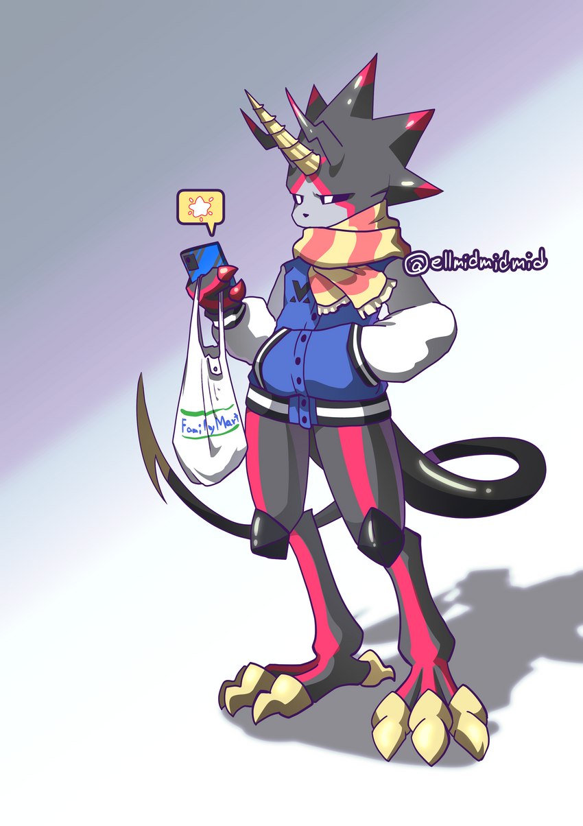 anthro black_body black_sclera blade cellphone claws clothing electronics feet glowing glowing_eyes horn jacket letterman_jacket male phone scarf shopping_bag smartphone solo tail tail_blade talons toes topwear weapon_tail ellmidmidmid bandai_namco digimon digimon_ghost_game digimon_(species) gulusgammamon scalie absurd_res hi_res