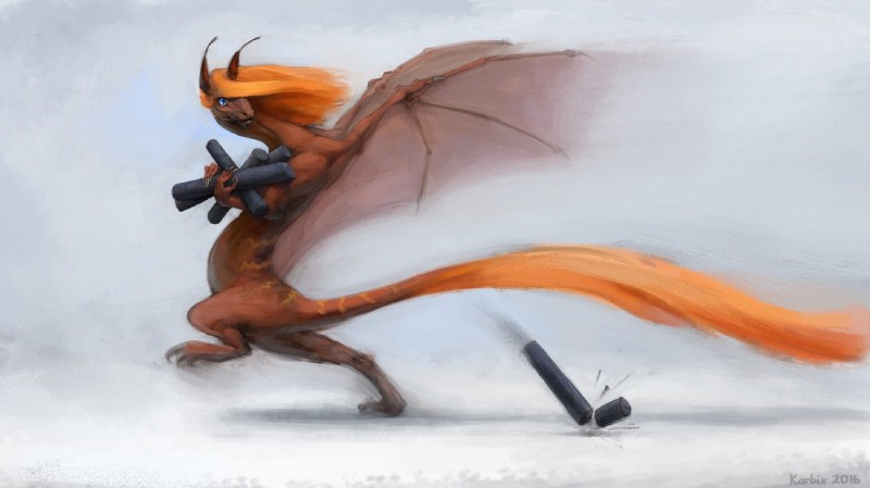 ambiguous_gender biped blonde_hair feral hair orange_hair running simple_background solo tail tail_tuft tuft wings karbik_(artist) mythology charcoal dragon mythological_creature mythological_scalie scalie 2016