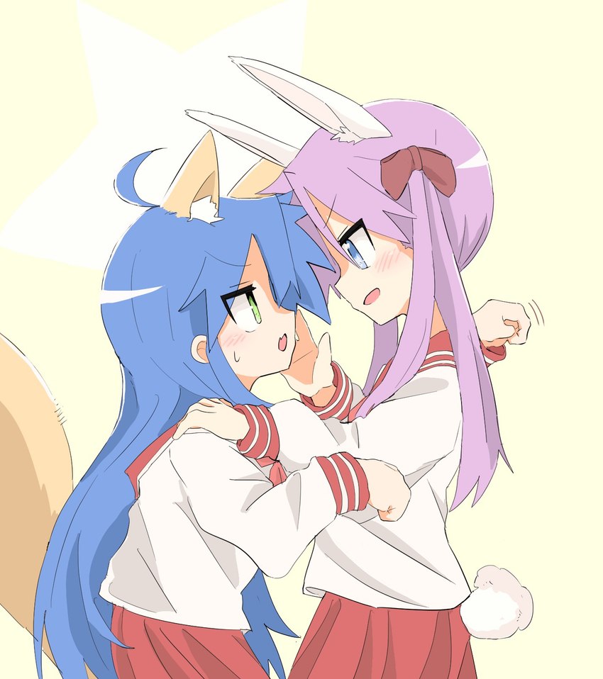 blue_hair bottomwear clothing duo female female/female green_eyes hair purple_hair red_bottomwear red_clothing red_skirt sailor_collar school_uniform skirt uniform lucky_star kagami_hiiragi konata_izumi animal_humanoid canid canid_humanoid canine canine_humanoid fox_humanoid humanoid lagomorph lagomorph_humanoid leporid_humanoid mammal mammal_humanoid rabbit_humanoid hi_res