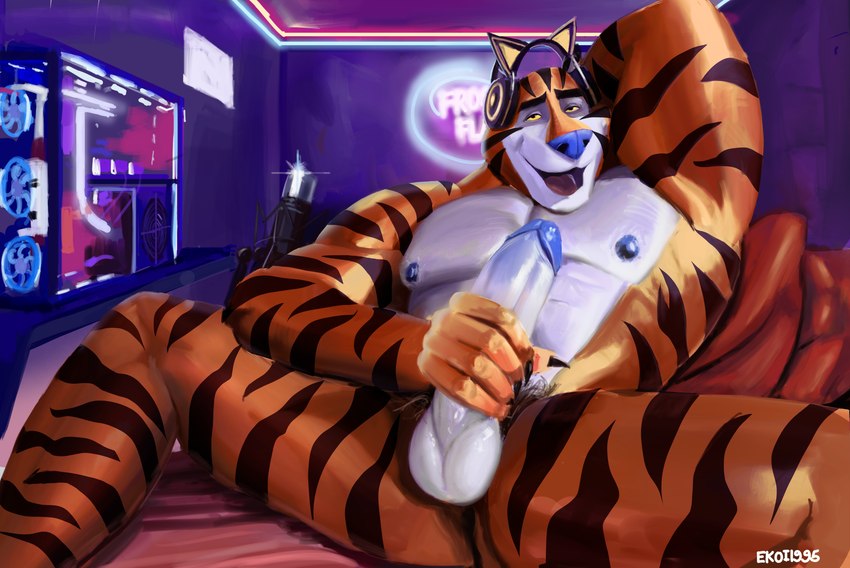 ahegao anthro bed bedroom countershading electronics fake_cat_ears fake_ears furniture headphones looking_pleasured male mascot masturbation microphone muscular muscular_anthro muscular_male nipples pubes solo ekoi1995 frosted_flakes kellogg's vtuber tony_the_tiger felid mammal pantherine tiger absurd_res hi_res