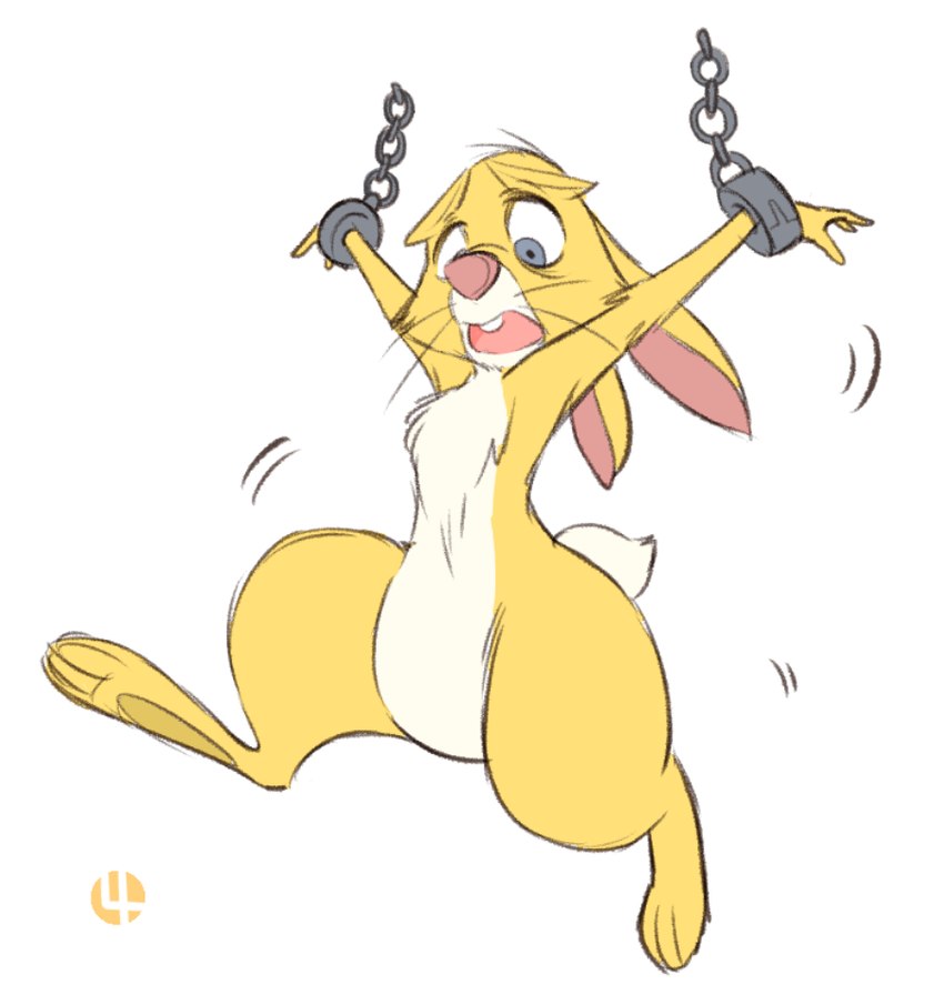 anthro bdsm bondage bound chain chest_fur cuff_(restraint) fluffy fluffy_tail fur grey_eyes handcuffs male metal_cuffs open_mouth pink_nose restraints shackles simple_background solo tail whiskers white_background yellow_body yellow_fur 4pcsset disney winnie_the_pooh_(franchise) rabbit_(winnie_the_pooh) lagomorph leporid mammal rabbit