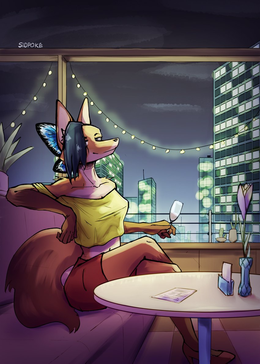 alcohol anthro bar bedroom_eyes beverage black_hair cactus champagne city city_background cityscape clothed clothing container crossed_legs cup date detailed_background dinner dinner_table drinking_glass evening evening_dress female flower fluffy fluffy_tail footwear glass glass_container glass_cup hair high_heels looking_at_viewer midriff narrowed_eyes navel plant rooftop rooftop_bar seductive shoes sitting sitting_at_table smile smiling_at_viewer solo tail window wine_glass sidpoke ermelyn_(system_exception) canid canine mammal maned_wolf absurd_res hi_res