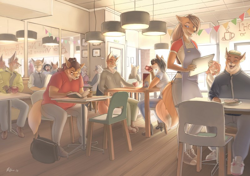 anthro beverage boots cafe clothed clothing coffee detailed_background elderly eyewear fangs female food footwear glasses group half-closed_eyes high_heeled_boots high_heels inside jacket male narrowed_eyes open_mouth sandwich_(food) shoes sitting slice_of_life smile standing submarine_sandwich tail teeth tongue topwear woadedfox canid canine fox mammal absurd_res hi_res