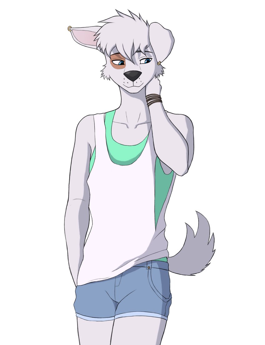 anthro blue_eyes bottomwear bracelet clothing denim denim_bottomwear denim_clothing ear_piercing fur hand_on_neck jeans jewelry male pants piercing shirt shy solo tank_top topwear white_body white_fur qunteki space_dogs pushok canid canine mammal hi_res