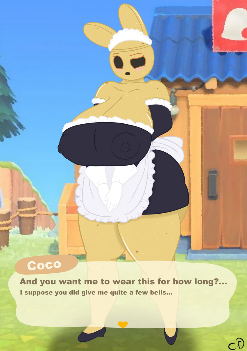 anthro big_breasts big_butt breasts butt clothing dialogue erect_nipples female huge_breasts huge_butt maid_uniform nipples solo text thick_thighs uniform cogsfixmore animal_crossing nintendo coco_(animal_crossing) animate_inanimate gyroid lagomorph leporid mammal rabbit featureless_(disambiguation) absurd_res english_text hi_res