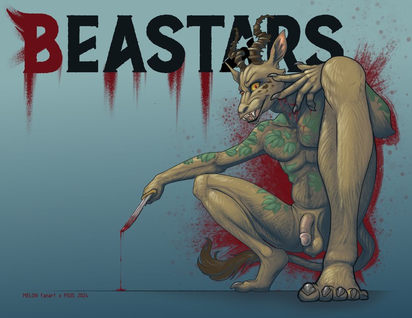 anthro balls blood bodily_fluids crouching flaccid genitals humanoid_genitalia humanoid_penis knife male nude penis solo tattoo fisis beastars melon_(beastars) antelope bovid felid gazelle hybrid leopard mammal pantherine hi_res