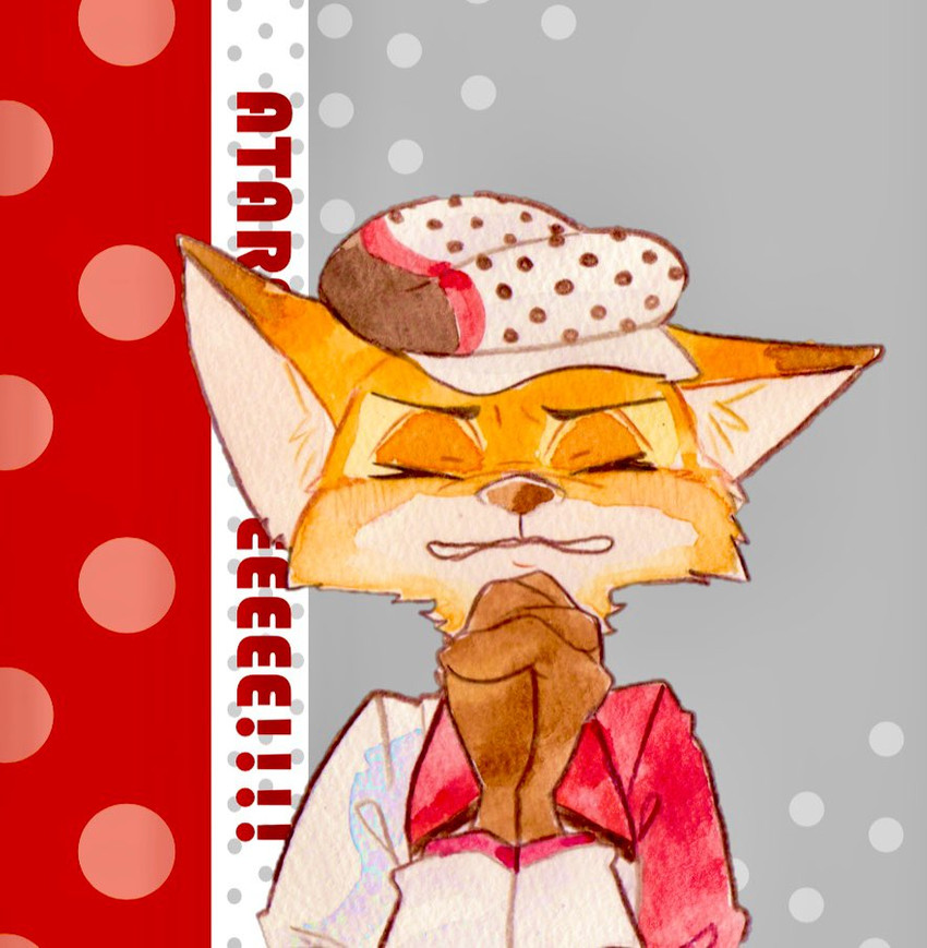 anthro cheek_tuft clasped_hands clothed clothing facial_tuft fur hat headgear headwear inner_ear_fluff orange_body orange_fur simple_background solo tuft strawberry628_(artist) disney zootopia nick_wilde canid canine fox mammal red_fox true_fox 2020 painting_(artwork) traditional_media_(artwork) watercolor_(artwork)