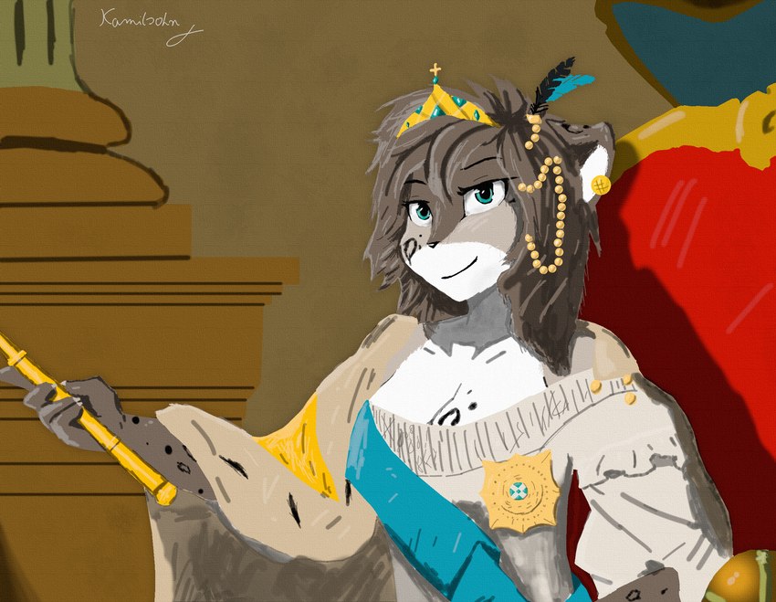 accessory anthro blue_eyes breasts brown_body brown_fur cleavage clothed clothing crown ear_piercing emperor female fur grey_body grey_fur hair_accessory headgear holding_object holding_scepter inside looking_at_viewer markings multicolored_body multicolored_fur piercing royalty russia russian_empire scepter sitting smile solo spots spotted_body spotted_fur tsar white_body white_fur kamilsohn twokinds catherine_the_great kathrin_vaughan canid canine felid hybrid keidran mammal hi_res