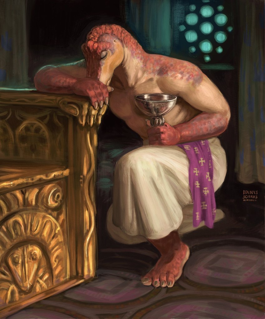 anthro arm_on_leg barefoot bottomwear chair claws clothing coat_of_arms container covering covering_mouth covering_own_mouth covering_self cup curtains feet furniture goblet holy_grail humanoid_feet kneeling male markings medieval medieval_clothing medieval_fantasy orange_markings ornate_floor painting plantigrade red_body red_scales sash scales shirtless_male solo throne throne_room white_bottomwear white_clothing window dyna_soar arthurian_legend percival dinosaur hadrosaurid maiasaura ornithischian ornithopod prehistoric_species reptile scalie 2022 hi_res signature