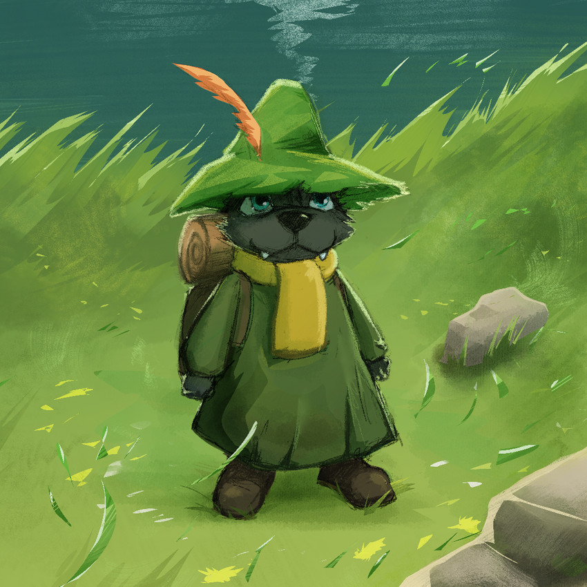 anthro backpack black_body black_fur blue_eyes boots clothing fangs footwear fur grass hat headgear headwear male plant robe scarf shoes solo teeth young young_anthro dakkawoof the_moomins dakka snufkin canid canine canis mammal wolf 1:1 2020