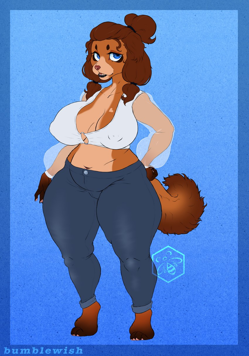 accessory anthro areola_outline belly big_breasts black_lips blue_background blue_eyes bottomwear breasts brown_body brown_fur brown_hair brown_tail cleavage clothed clothing crop_top curled_tail deep_navel denim denim_bottomwear denim_clothing female fingers fur hair hair_accessory hair_tie heart_symbol huge_thighs jeans lips looking_at_viewer midriff navel nipple_outline open_mouth pants pear-shaped_figure piercing_outline potbelly puffy_sleeves shirt simple_background solo standing tail teeth thick_thighs tight_bottomwear tight_clothing tight_pants topwear translucent translucent_clothing wide_hips bumblewish_(artist) mocha_(bumblewish) canid canine canis domestic_dog mammal poodle toy_dog toy_poodle 2022 digital_drawing_(artwork) digital_media_(artwork) hi_res watermark