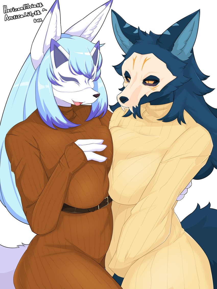 animal_mask anthro black_sclera blue_body blue_hair breast_squish breasts breasts_frottage cute_fangs duo fangs female female/female fox_mask hair hand_on_breast kemono mask multicolored_ears multicolored_hair open_mouth open_smile skull_mask smile squish sweater_dress teeth yellow_eyes takeshi_kemo elvia lily_mari abyssal_wolf canid canine fox mammal 3:4 absurd_res hi_res