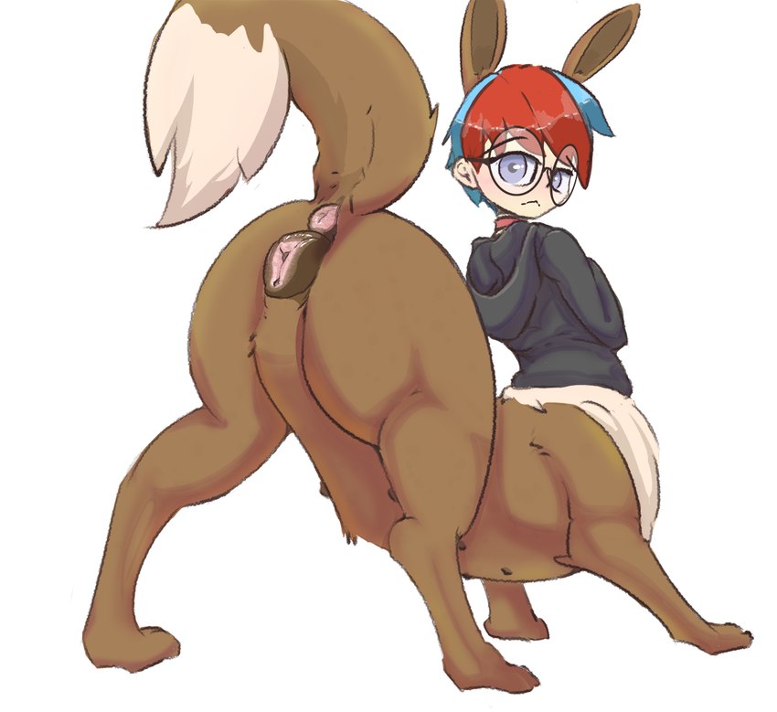 animal_genitalia animal_pussy anus brown_body brown_fur butt canine_genitalia canine_pussy clothing eyewear female fur genitals glasses hoodie presenting presenting_anus presenting_hindquarters presenting_pussy puffy_anus pussy solo topwear anonymous_artist nintendo pokemon penny_(pokemon) eevee generation_1_pokemon pokemon_(species) pokemon_taur taur