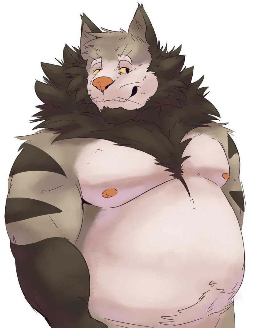 anthro arm_tuft belly big_belly brown_body brown_fur brown_iris brown_stripes cheek_tuft elbow_tuft facial_tuft fur hair head_tuft inner_ear_fluff male markings moobs multicolored_body multicolored_fur neck_tuft nipples nude orange_nipples orange_nose overweight overweight_anthro overweight_male shoulder_tuft simple_background smile solo striped_body striped_fur striped_markings striped_tail stripes tail tail_markings thick_thighs tuft mxwell404 silver_thornfield domestic_cat felid feline felis maine_coon mammal 4:5 hi_res