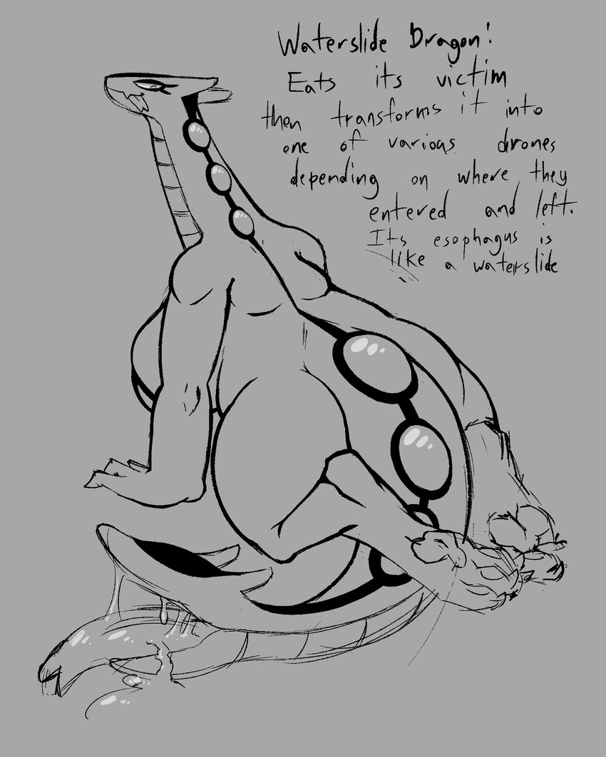 anthro bodily_fluids female forked_tongue macro pawpads saliva solo tail tail_mouth text tongue unusual_anatomy unusual_tail vore garbagioni mythology dragon mythological_creature mythological_scalie scalie 4:5 english_text hi_res monochrome sketch