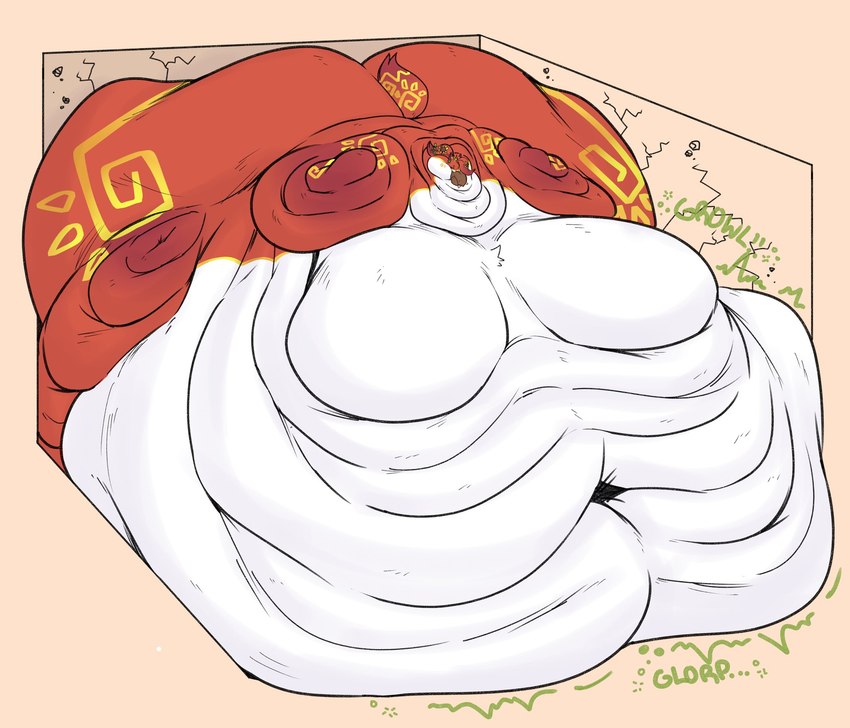 anthro belly big_belly blobby deep_navel eating food fur huge_belly hyper hyper_belly immobile inside male moobs morbidly_obese morbidly_obese_anthro morbidly_obese_male multicolored_body multicolored_fur navel obese obese_anthro obese_male overweight overweight_anthro overweight_male red_body red_fur solo tail yellow_nose wiishyishii canid canine mammal hi_res