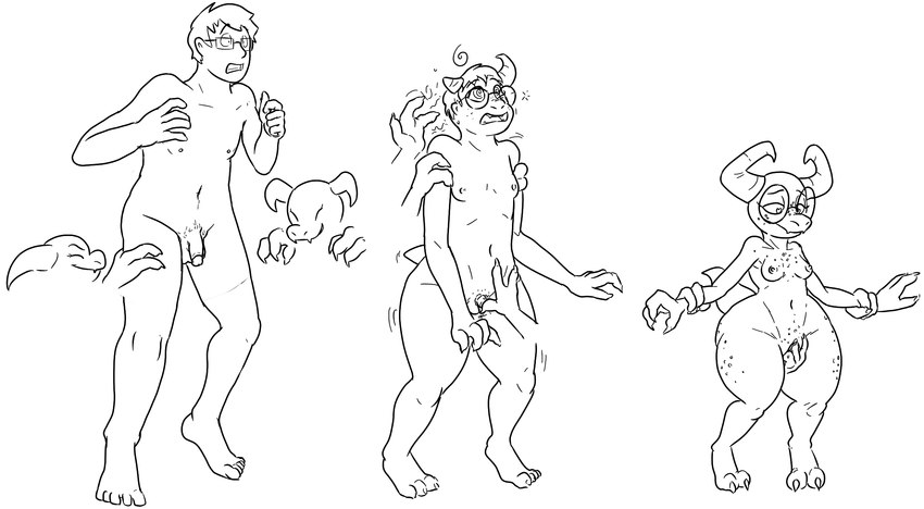 ambiguous_gender anthro balls base_one_layout basic_sequence breast_growth breasts claws clenched_teeth crotch_grab digitigrade disembodied_hand eyewear female fingering flaccid gender_transformation genitals glasses grabbing_from_behind grope group growth hair heart_eyes heart_symbol horn human_to_anthro humanoid_genitalia humanoid_penis linear_sequence male mtf_transformation navel nipples nude one_row_layout open_mouth penis penis_shrinking pussy questionable_consent short_hair short_stack short_stackification shrinking simple_background size_transformation small_breasts smile solo_focus species_transformation spiral_eyes standing surprise tail tail_growth teeth thick_tail thick_thighs three_frame_image three_frame_sequence transformation transformation_sequence vaginal vaginal_fingering white_background wide_hips prurientpie human kobold mammal scalie 2019 hi_res monochrome sequence