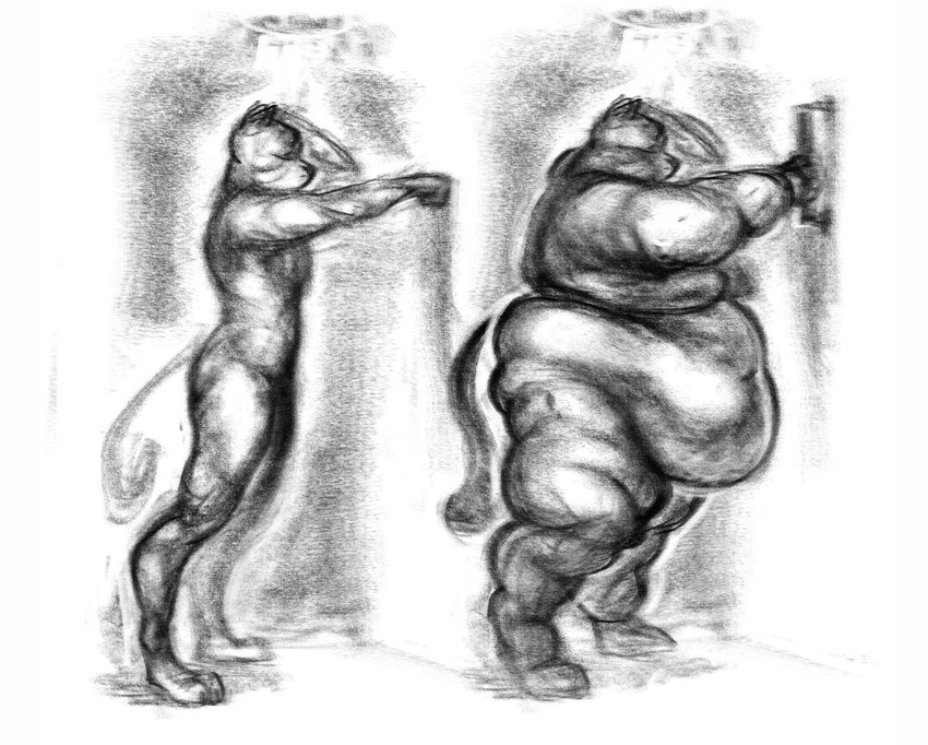 anthro belly big_belly handle huge_belly huge_moobs huge_thighs male nude obese obese_male overweight overweight_male shower solo support thick_thighs weight_gain jirobas samson_(derpoomer) cougar felid feline mammal hi_res monochrome sketch