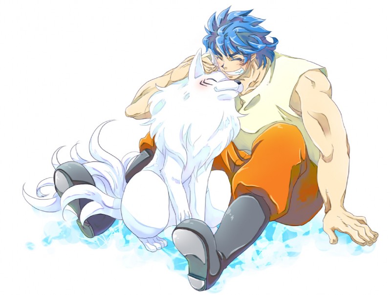 ambiguous_gender anthro blue_hair boots bottomwear clothing digitigrade duo eyes_closed feral footwear fur hair male muscular muscular_male nude pants quadruped shoes short_hair sleeveless_shirt tail tan_body tan_skin white_body white_fur unknown_artist toriko_(series) terry_cloth toriko battle_wolf canid canine canis human mammal wolf