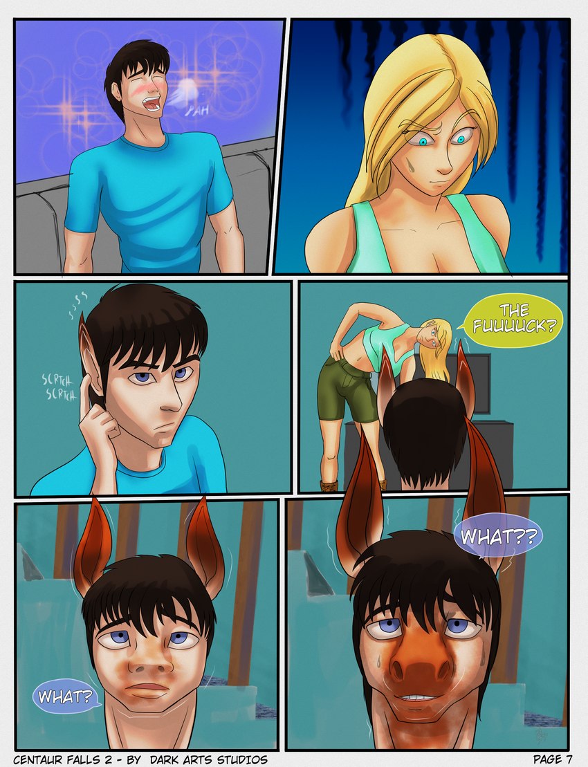 blonde_hair blue_eyes comic_panel dialogue female hair male male/female text transformation transformation_sequence transformation_through_magic thed4rk1ord darkartsstudios eric_(thed4rk1ord) rachel_(thed4rk1ord) animal_humanoid equid equid_humanoid equine equine_humanoid horse human humanoid mammal mammal_humanoid absurd_res comic english_text hi_res