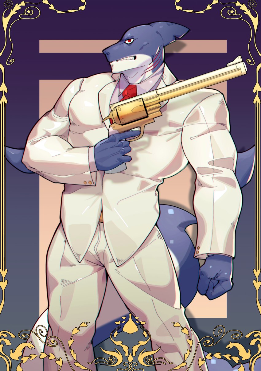 angry anthro blue_body card clothed clothing fangs fin framed_picture gills gun handgun holding_gun holding_object holding_ranged_weapon holding_weapon looking_at_viewer magnunm male muscular muscular_anthro muscular_male ranged_weapon red_eyes simple_background snarling solo suit suit_and_tie tail teeth weapon ephemeral_(novel) kinngart piscean razor_(diego_ramirez) fish great_white_shark mackerel_shark marine scalie shark white_shark absurd_res digital_drawing_(artwork) digital_media_(artwork) hi_res