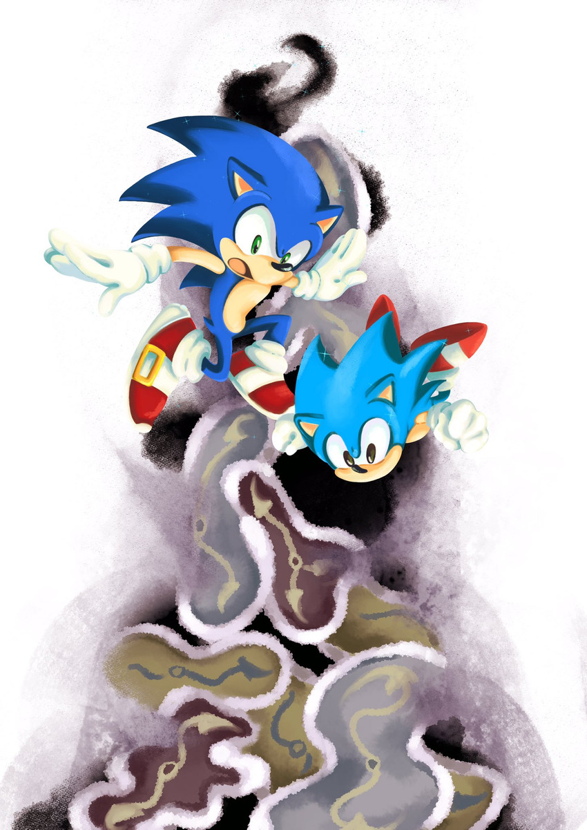 anthro black_eyes blue_body blue_fur clock clothing duo falling footwear fur gloves green_eyes handwear male open_mouth shoes simple_background square_crossover white_background mennnntaiko classic_sonic_(universe) sega sonic_the_hedgehog_(series) the_persistence_of_memory classic_sonic sonic_the_hedgehog eulipotyphlan hedgehog mammal 2019 hi_res