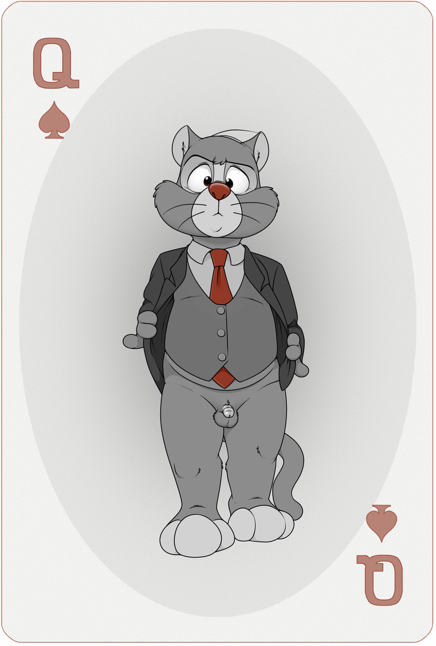 anthro balls barefoot belly biped bottomless card card_template clothed clothing erection feet fur genitals humanoid_genitalia humanoid_penis male micropenis necktie overweight overweight_anthro overweight_male penis playing_card playing_card_template queen_of_spades simple_background slightly_chubby small_penis solo spades_(suit) standing suit suit_symbol topwear neenya disney talespin douglas_benson domestic_cat felid feline felis mammal hi_res