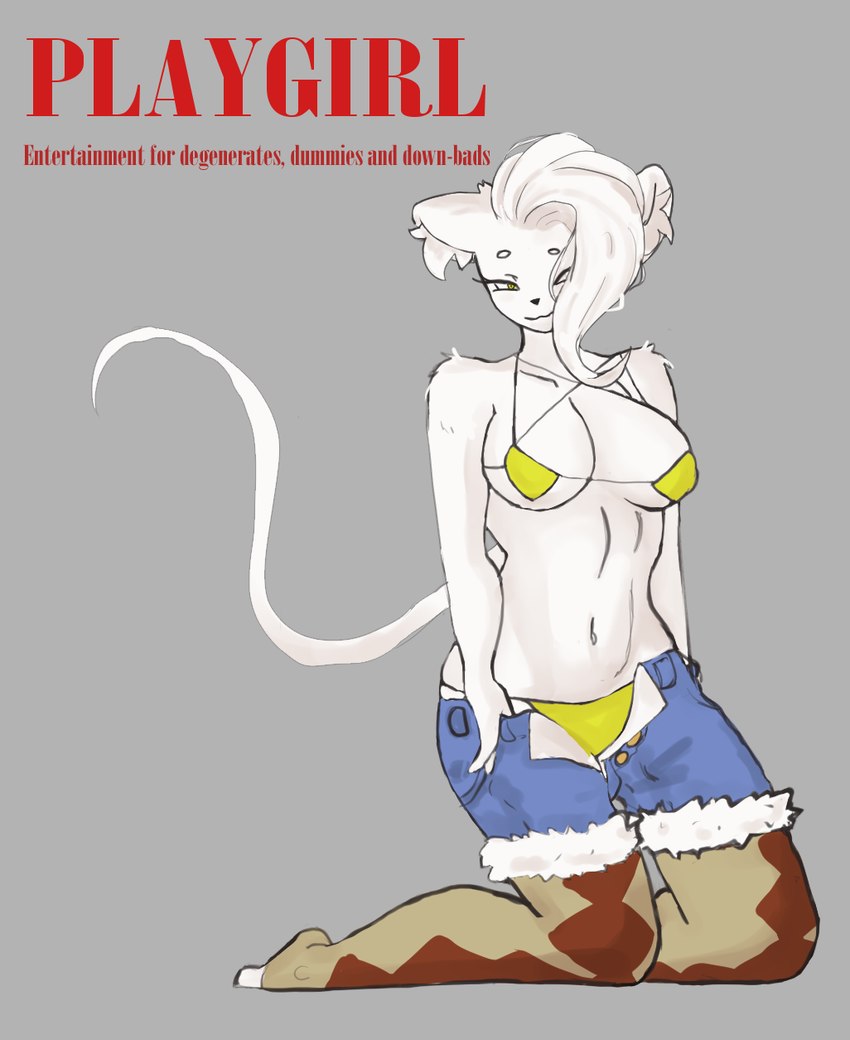 anthro big_breasts bikini bikini_thong breasts clothing clothing_pull female legwear parody playgirl pose poster poster_template simple_background solo stirrup_stockings stockings swimwear two-piece_swimsuit anonymous_artist capslokked playboy pollie_(capslokked) fancy_rat mammal mouse murid murine rat rodent hi_res pinup