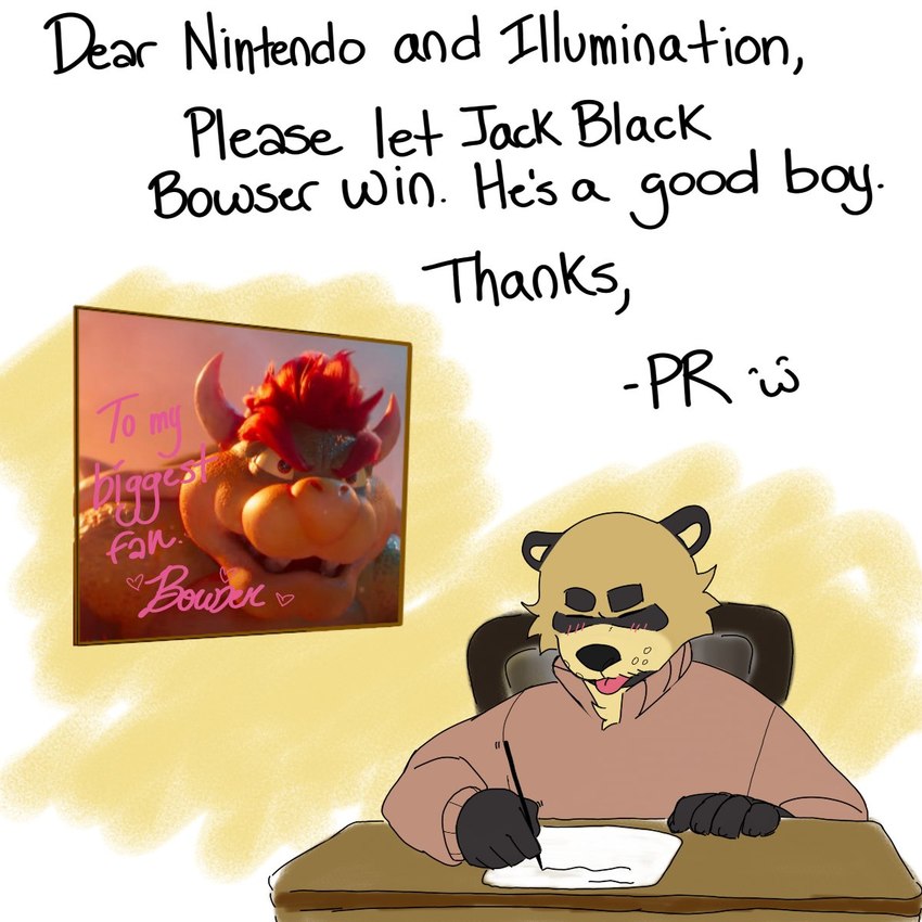 anthro autograph black_ears black_hands black_nose blush brown_body brown_fur chair character_signature chest_tuft clothing eyebrows eyes_always_closed eyes_closed frown fur furniture hair heart_symbol horn koopa_shell male office_chair photo red_hair shell simple_background sitting smile sweater teeth thick_eyebrows tongue tongue_out topwear tuft turtle_shell whisker_spots white_background writing_text writing_utensil yellow_background p_rindustries mario_bros nintendo the_super_mario_bros_movie bowser p_rindustries_(p_rindustries) canid canine mammal raccoon_dog tanuki 1:1 hi_res