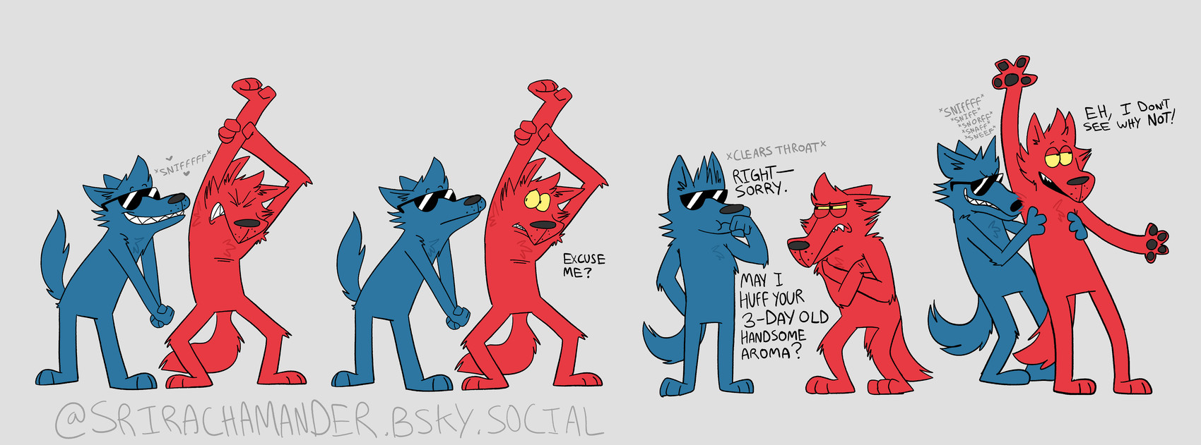 annoyed anthro armpit_fetish armpit_hair armpit_musk armpit_sniffing armpit_tuft blue_body body_hair clearing_throat dialogue duo explicitly_stated_consent eyewear eyewear_only featureless_crotch fluffy fluffy_tail fur hand_under_arm nude nude_anthro null null/null raised_arm raised_tail red_body sniffing stretching sunglasses sunglasses_only surprised tail srirachamander nile_(cattlechoir) pat_(cattlechoir) canid canine canis mammal wolf absurd_res hi_res