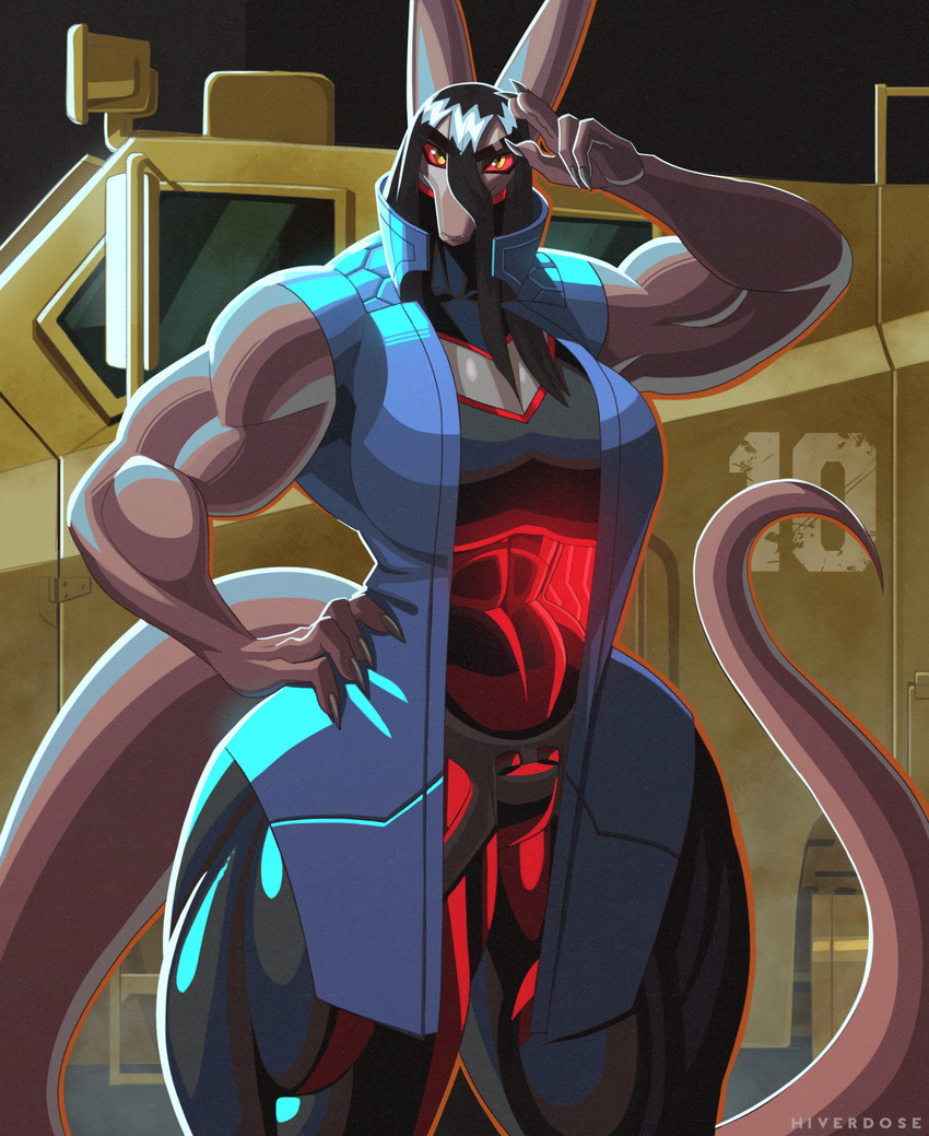 5_fingers abs anthro armored_vehicle belt biceps big_breasts black_hair bottomwear breasts brown_body brown_fur claws cleavage_cutout clothed clothed_female clothing cutout detailed_background door ears_up female fingers fully_clothed fully_clothed_female fur gesture glowing glowing_clothing hair hand_on_hip hexagon_fabric high_collar hinge long_ears long_tail military_vehicle muscular muscular_female number pants rear_view_mirror red_sclera rim_light salute sleeveless_jacket solo standing tail thick_thighs tight_bottomwear tight_clothing tight_pants tight_topwear topwear vehicle window yellow_eyes hiverdose xena_(hiverdose) unknown_species digital_media_(artwork) hi_res