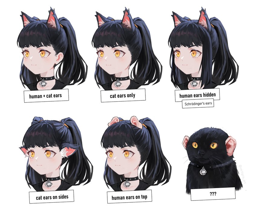 anthro bell black_body black_hair black_skin cat_with_human_ears collar female hair human_ears humor inner_ear_fluff question_mark solo text tuft what whiskers white_body white_skin yellow_eyes vertigris animal_humanoid cat_humanoid domestic_cat felid felid_humanoid feline feline_humanoid felis humanoid mammal mammal_humanoid absurd_res english_text hi_res multiple_images multiple_versions