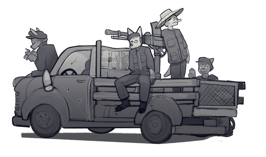 anthro biped cigarette clothing eating group gun hat headgear headwear light_truck looking_at_viewer machine_gun male pickup_truck ranged_weapon sitting smoking smoking_cigarette standing truck_(vehicle) vehicle weapon wheel spincraze canid canine domestic_cat felid feline felis mammal digital_media_(artwork) greyscale hi_res monochrome