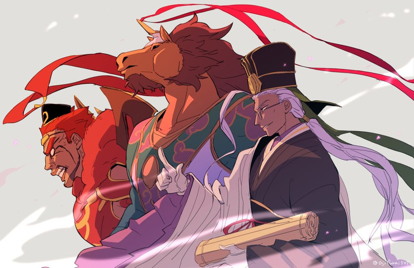 berserker lu bu fengxian, caster chen gong, and rider red hare (fate (series) and etc) created by asaya minoru