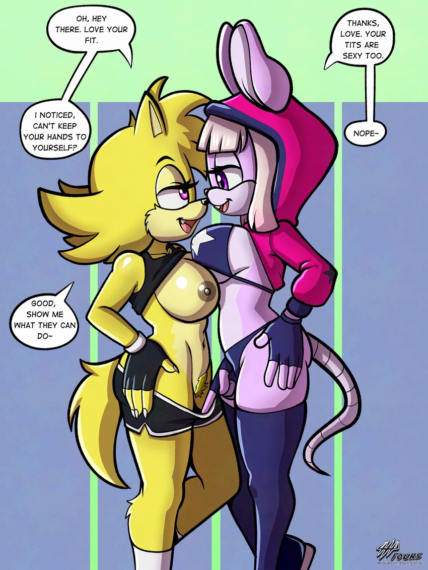 anthro athletic_wear bikini breasts clothed clothing clothing_lift dialogue duo female female/female fingerless_gloves gloves handwear hoodie legwear looking_at_eachother nipples pink_body pubes pulling_down_shorts purple_eyes shirt shirt_lift swimwear text thigh_highs topwear two-piece_swimsuit yellow_body fourssss sega sonic_the_hedgehog_(series) bianca_mercury ellie_the_wolf fan_character canid canine canis mammal mouse murid murine rodent wolf 2024 english_text hi_res