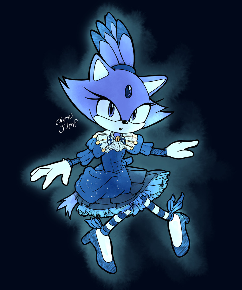 anthro biped black_background blue_body blue_clothing blue_dress blue_eyes blue_footwear blue_high_heels cheek_tuft clothed clothing costume countershade_face countershading dress facial_tuft female footwear forehead_gem front_view gem gloves halloween_costume handwear high_heels holidays legwear looking_at_viewer open_mouth pattern_clothing pattern_legwear pattern_stockings shoes simple_background solo stockings striped_clothing striped_legwear striped_stockings stripes tuft white_body white_clothing white_countershading white_gloves white_handwear jumpjump halloween sega sonic_the_hedgehog_(series) blaze_the_cat domestic_cat felid feline felis mammal 2025 5:6 hi_res