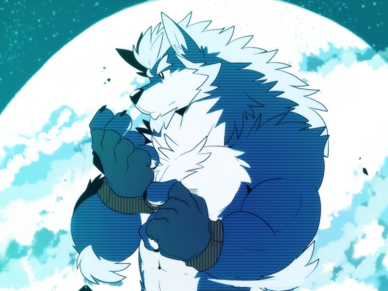 abs anthro biceps fur male moon muscular muscular_anthro muscular_male pecs solo oleola123 yutari canid canine canis mammal wolf 2018 4:3 digital_media_(artwork)