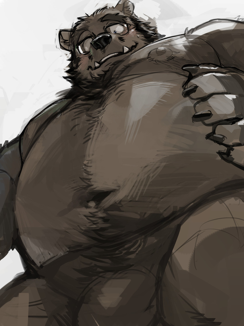 anthro belly black_body black_fur eyewear facial_hair fur glasses kemono low-angle_view male navel nipples overweight overweight_anthro overweight_male simple_background solo kita_9999 love_mechanic tom_(lm) bear mammal 2020 3:4 absurd_res hi_res