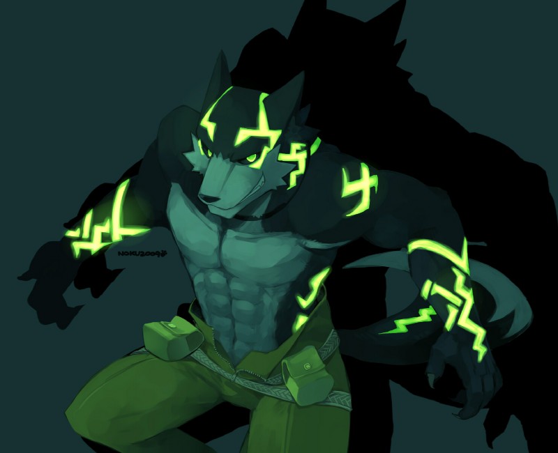 abs anthro athletic belt biceps bioluminescence black_body black_fur black_nose black_sclera bottomwear claws clothed clothing facial_markings fangs featureless_chest fur glowing glowing_eyes glowing_markings green_eyes grin head_markings male markings multicolored_body multicolored_fur muscular muscular_anthro muscular_male navel pants pecs smile solo tail teeth topless white_body white_fur rpbbw canid canine canis mammal wolf hi_res