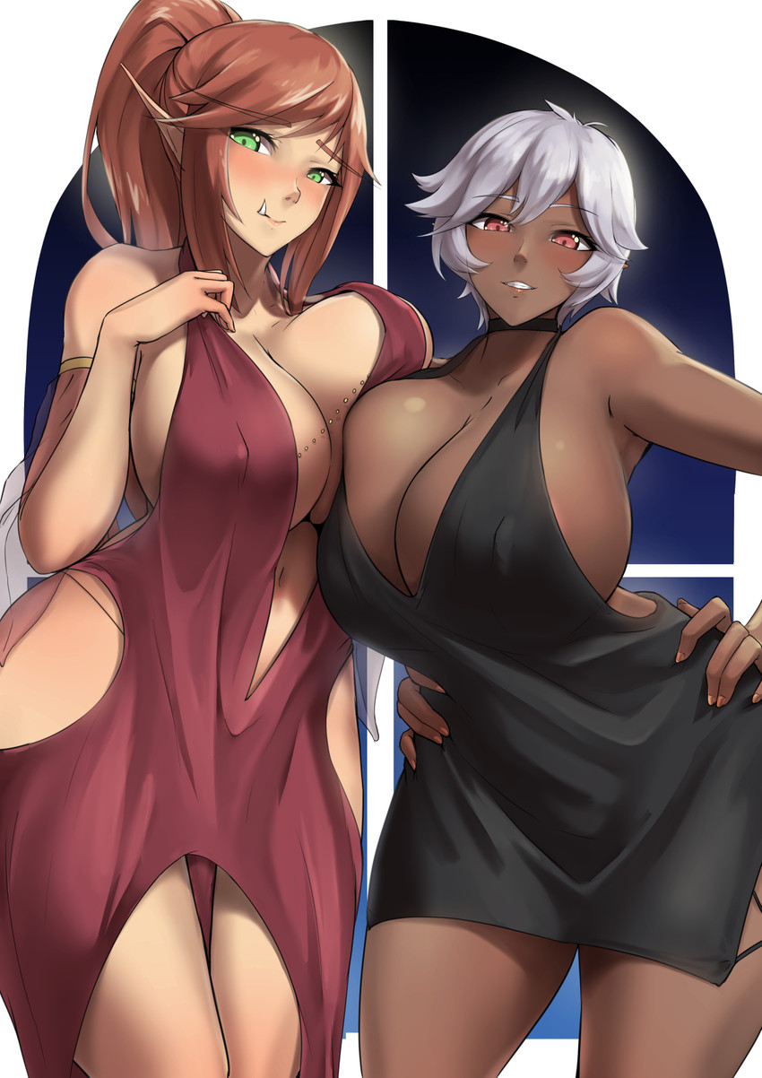 big_breasts blush breast_size_difference breast_squish breasts breasts_frottage cleavage clothed clothing duo fangs female female/female green_eyes hand_on_hip huge_breasts larger_female nipple_outline not_furry size_difference smaller_female squish teeth packge colette_belrose elf human humanoid mammal hi_res