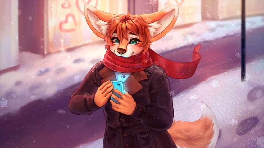 anthro big_ears blush cellphone electronics femboy fluffy fluffy_tail fur green_eyes hair male orange_body orange_fur phone red_hair scarf smile snow solo street tail winter winter_clothing winter_coat cocicka conditional_dnp furlough_games furry_shades_of_gay evan_(furlough_games) canid canine fennec_fox fox mammal true_fox hi_res