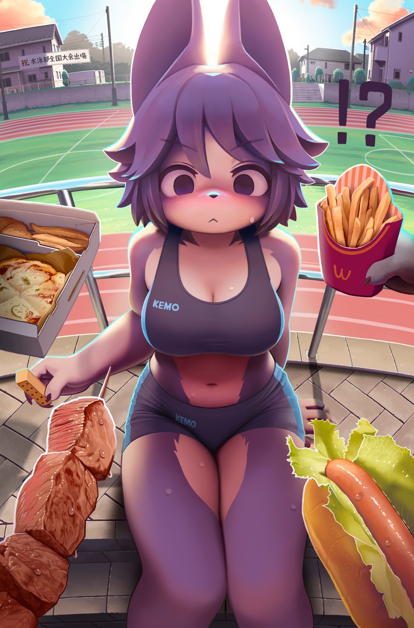 anthro anthro_focus bangs biscuit_(food) blush bodily_fluids bottomwear bra bread breasts cleavage clothed clothing detailed_food disembodied_hand duo female female_anthro female_focus food food_fetish fries fur hair high-angle_view holding_object hot_dog hot_dog_bun interrobang kebab kemono knock-kneed lettuce meat midriff multicolored_body navel pizza plant purple_body purple_eyes purple_hair sausage shortbread shorts sitting solo_focus spandex spandex_shorts sports_bra suggestive suggestive_food sweat sweatdrop text tight_bottomwear tight_clothing tight_shorts two_tone_body underwear vegetable workout_clothing lyc mcdonald's wcdonald's canid canine canis domestic_dog mammal 2023 absurd_res detailed digital_media_(artwork) hi_res japanese_text translated translated_description