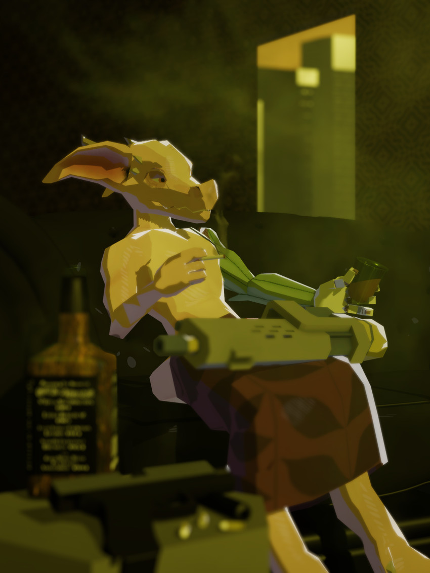 anthro cigarette clothed clothing cybernetic_arm cybernetic_limb drinking gun handgun low_poly male prosthetic prosthetic_arm prosthetic_limb ranged_weapon smoking solo weapon kobold_dellarte gavit kobold reptile scalie 2020 3d_(artwork) digital_media_(artwork) hi_res long_image tall_image