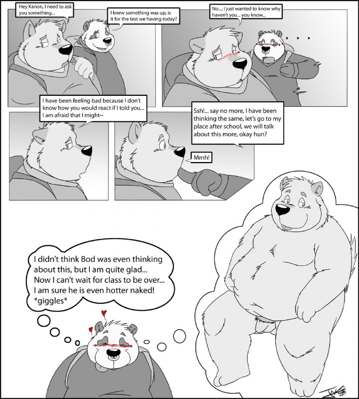 anthro balls blush clothed clothing dialogue duo flaccid fully_clothed genitals male nude overweight penetration penis romantic romantic_couple simple_background slice_of_life solo text jakegr bod kanon bear canid canine canis domestic_dog giant_panda mammal comic english_text greyscale hi_res monochrome