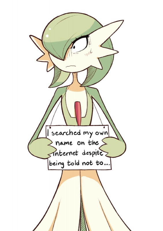 ambiguous_gender bodily_fluids conversational_sign green_hair hair holding_object holding_sign humor not_furry placard shocked sign simple_background slim solo sweat sweatdrop text white_background yuki-menoko dogshaming nintendo pokemon gardevoir generation_3_pokemon mammal pokemon_(species) english_text hi_res meme