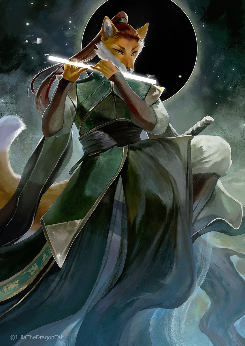 anthro asian_clothing carrying_weapon clothed clothed_anthro clothed_male clothing cosmic_background detailed_clothing eclipse flute hair holding_object holding_with_two_hands male musical_instrument night outside playing_flute playing_music sky solo star starry_background starry_sky text topknot weapon wind_instrument woodwind_instrument juliathedragoncat canid canine fox mammal 2024 artist_name copyright_name detailed hi_res