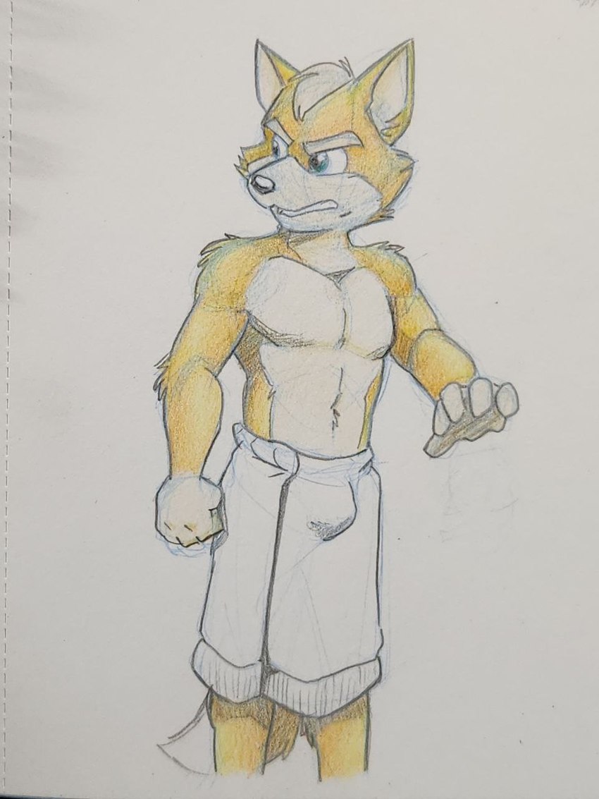 anthro black_nose blue_eyes bulge clothed clothing fur male open_mouth orange_body orange_fur solo topless towel towel_only white_body white_fur cirruskitfox nintendo star_fox fox_mccloud canid canine fox mammal 3:4 hi_res