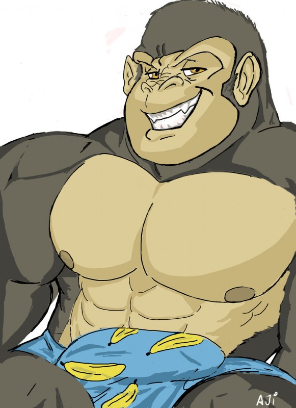 abs banana banana_pattern biceps bulge clothing detailed_bulge fangs food food_print fruit fruit_print genital_outline looking_away male muscular muscular_male pecs penis_outline plant plant_print simple_background smile solo teeth underwear white_background yellow_eyes aji_arts ape gorilla haplorhine mammal primate digital_media_(artwork) hi_res